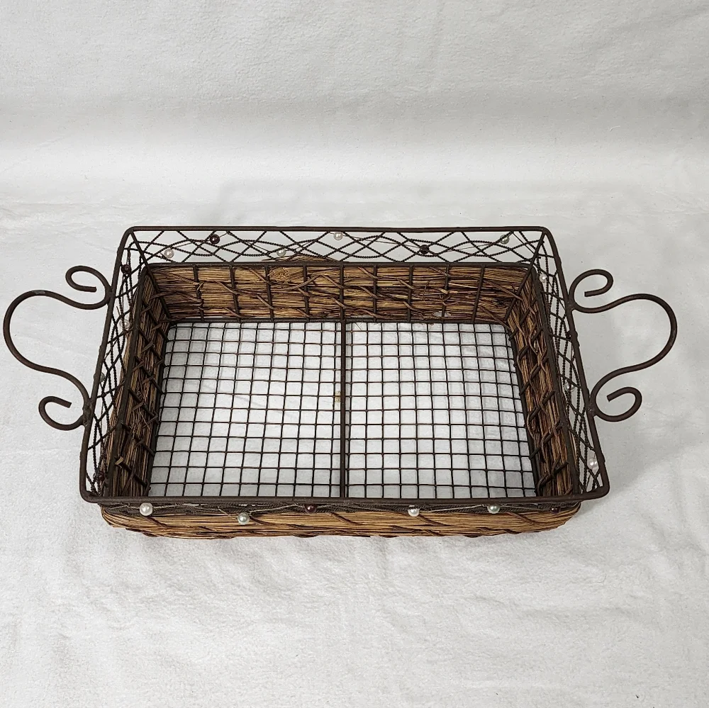 Rustic Rectangular‎ Woven Wicker Basket With Wire Handles and Frame